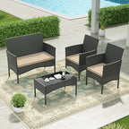 Kullavik 4 Pieces Outdoor Patio Furniture Set,PE Wicker Rattan Chairs Garden Conversation Sets with Tempered Glass Table and Soft Cushions for Lawn,Pool or Backyard,Sand