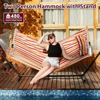 Two Person Hammock with Stand for Outside Heavy Duty, Outdoor Patio Hammock with Portable Steel Stand, Large Double Hammocks,480lbs Capacity.(Red)