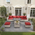 9-Piece Outdoor Patio Furniture Set with 55,000 BTU Fire Pit Table, PE Wicker Rattan Sectional Sofa Patio Conversation Set with Ottomans & Coffee Table, Red