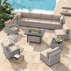8-Seat Outdoor Wicker Patio Furniture Set with Fire Pit Table, Modular Rattan Sectional Sofa & 2 Swivel Rocking Chairs, 4" Thick Cushions, Rust-Resistant Frame,Beige