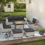 9-Piece Outdoor Patio Furniture Set with 55,000 BTU Fire Pit Table, PE Wicker Rattan Sectional Sofa Patio Conversation Set with Ottomans & Coffee Table, Dark Grey