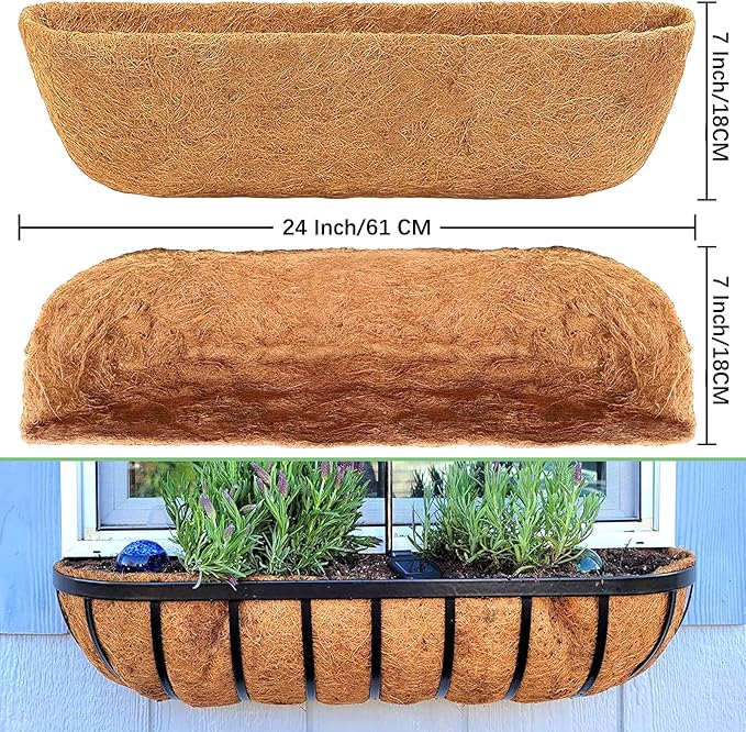 Coco Liners for Planters - 2 Pack 24 Inch Trough Coconut Liners for Planters, Window Box Coco Liners, 100% Natural Coconut Fiber Liners for Wall Hanging Basket, Window Box, Fence Baskets