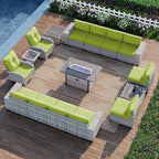 16-Piece Outdoor Patio Furniture Set with Rocking Swivel Chair, PE Wicker Rattan Sectional Sofa Patio Conversation Set with 55,000 BTU Fire Pit Table & Coffee Table, LAvocado Green