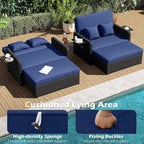 Tangkula Patio Rattan Daybed with 4-Level Adjustable Backrest, Outdoor PE Wicker Loveseat with Storage Ottoman & Folding Side Tray, Double Sunbed Lounger for Balcony, Backyard & Poolside (Navy)