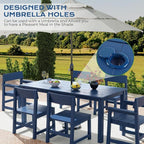 7 Piece Outdoor Dining Table Set HIPS Patio Dining Sets with Umbrella Hole Outdoor Furniture for 6 All Weather Patio Furniture Set for Outside Deck Backyard Poolside Garden, Deep Blue