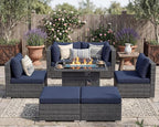 NICESOUL 7 Piece Outdoor Sectional Sofa Set with Firepit Natural Gas & Propane Convertible, Oversized Deep Seating Patio Furniture for Tall Person, 2 Color Cushion Navy & Gray for Easy Maintenance
