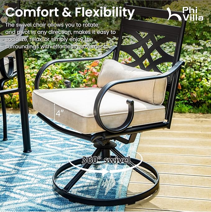 PHI VILLA Outdoor Patio Dining Set for 4 with 10ft 3-Layer Auto-tilt Round Umbrella(Beige),Includes 4 Outdoor Swivel Chairs with Cushions and a Metal Square Table, Perfect for Garden, Lawn, or Deck
