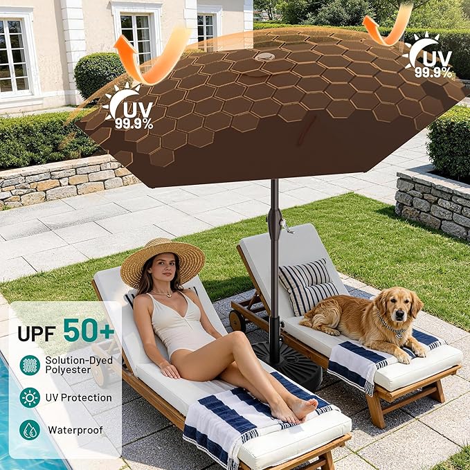 AreShark 7.5FT Patio Umbrella Table Market Umbrella with 6 Sturdy Ribs, Button Tilt/Crank, Heavy-Duty Outdoor Umbrellas for Pool, Deck, Garden and Backyard, Brown