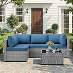JAMFLY Patio Furniture Sets, 5-Piece Outdoor Patio Furniture with Thick Cushions, Wicker Outdoor Conversation Set Sectional Sofa for Backyard, Poolside, Garden, Aegean Blue