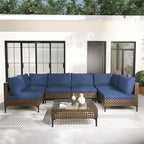 Grand patio Wicker Patio Furniture Set, All Weather Outdoor Sectional Sofa with Blue Thick Cushions and Coffee Table, 7 Pieces Sectional, Brown