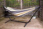 Vivere Double Cotton Hammock with Space Saving Steel Stand, Upgraded Polyester End Strings 450 lb Capacity - Premium Carry Bag Included - (Desert Moon)