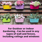 LaLaGreen Rail Planter Outdoor Plants (11.2 Inch, 6 Pack) Colorful Metal Iron Strawberry Hanging Flower Pots Deck Railing, Fence Wall Mount Bucket Modern Window Box Hooks Porch Garden Outside Decor