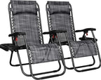 Yaheetech Zero Gravity Recliners Outdoor Adjustable Folding Reclining Lounge Chairs w/Pillows, Cup Holder Trays and Carry Strap for Patio Backyard Beach Gray Set of 2