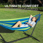 PNAEUT Double Hammocks with Stand for Outside, Portable Space Saving Heavy-Duty Steel Stand for Indoor Outdoor Patio with Sidebag, 450 lbs Capacity (Blue)