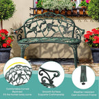 VINGLI 38.5" Patio Park Garden Outdoor Metal Rose Bench, 2-Person Cast Iron Cast Aluminium Frame Antique Finish Chair,Accented Lawn Front Porch Path Yard Decor Deck Furniture (Green, Rose)