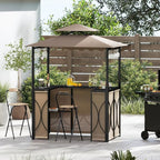 Tangkula 3 Piece Patio Bar Set, Grill Gazebo & 2 Foldable Bar Stools with Awning, Metal Storage Shelves, Glass Holders, Double-Tier Outdoor Shelter for Patio Poolside Garden Backyard (Coffee)