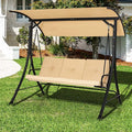 Porch Swing with Canopy, Steel Frame and Removable Beige Cushions