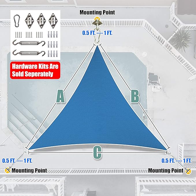 Amgo Custom Size 20' x 20' x 20' Blue Triangle Sun Shade Sail UPF50+ AGTAPRT12, Order to Make Canopy Awning, 95% UV Blockage, Water & Air Permeable, Commercial Standard (We Customize)