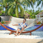 Lazy Daze Hammocks 10.5 FT Double 2 Person Caribbean Rope Hammock, Hand Woven Polyester Hammock with Spreader Bars, for Outside Outdoor Backyard Patio Poolside, 450 LBS Capacity, Cream