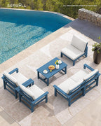 SERWALL HDPE Patio Conversation Set, 6-piece Sectional Outdoor Furniture Set, All Weather Outdoor Couch Set Patio Furniture Set for Deck, Lawn, Blue Frame with Beige Cushion