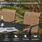 VICLLAX Patio Dining Set for 6, Outdoor Furniture Set Includes 47.2" Round Patio Table and 6 Patio Sling Chairs, Walnut Tabletop and Brown Fabric