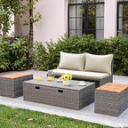 Flamaker Outdoor Rattan Daybed with 2 Side Tables, Multifunctional Wicker Patio Sofa with Storage Ottoman, Cushions, Sunbed Wicker Furniture Chaise Lounge Chair for Backyard Porch Poolside(Beige)