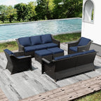 Joyside Wicker Patio Furniture Sets, 6 Pieces Upgraded Large Size Outdoor Furniture with Swivel Rocking Patio Chairs, Two 3-Seat Sofa, Outdoor Ottoman, Thick Cushions, Wide Armrest, Blue