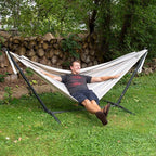 Vivere Double Sunbrella Hammock with Space-Saving Steel Stand, Heavy-Duty Portable Outdoor Hammock Set for Backyard, Patio, or Travel, Dove