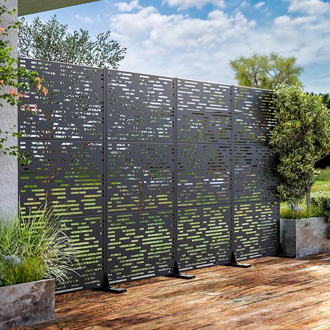 Casaphoria 72" H x 35" W Metal Outdoor Privacy Screen, Freestanding Decorative Divider for Patio, Deck, Balcony, and Garden with Stable Base, Black-Godfery