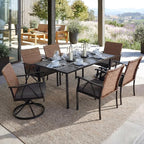 7-Piece Patio Dining Set for 6, Outdoor Dining Set with Wicker Swivel Patio Dining Chairs with Cushions & Black Rectangular Woodgrain Dining Table with 1.75”Umbrella Hole, Black & Brown