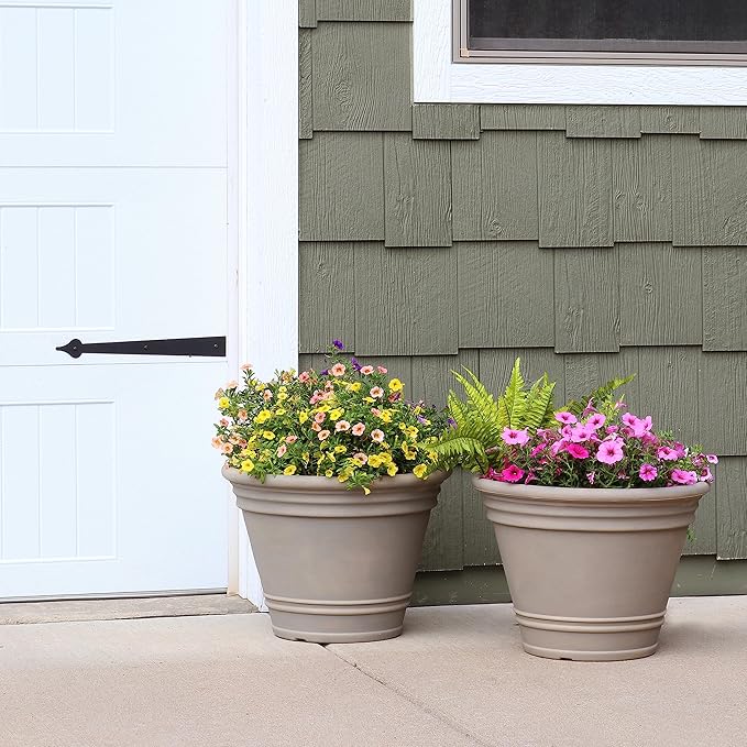 Sunnydaze 20-Inch Franklin Large Plant Pot - Polyresin Round Outdoor Planter with Drillable Drainage Hole - 2 Pack - Beige