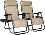 Yaheetech Zero Gravity Recliners Outdoor Adjustable Folding Reclining Lounge Chairs w/Pillows, Cup Holder Trays and Carry Strap for Patio Backyard Beach Beige Set of 2