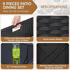 Yaheetech 9-Piece Patio Dining Sets, Outdoor Space Saving Rattan Chairs with Glass Table, Wicker Sectional Conversation Furniture Set with Removeable Cushions, Black/Beige