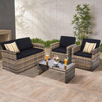 4-Piece Patio Furniture Set, Wicker Outdoor Rattan Sectional Sofa with Cushions and Glass Table, All-Weather Outdoor Conversation Set, Ideal for Garden, Porch, Backyard, Black