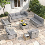 8-Seat Modern Patio Furniture Set with Swivel Rocking Chairs, Thick 4″ Cushions, Dual-Strand Wicker Rattan, Rust-Resistant Steel Frame – Outdoor Conversation & Modular Sectional,Gray