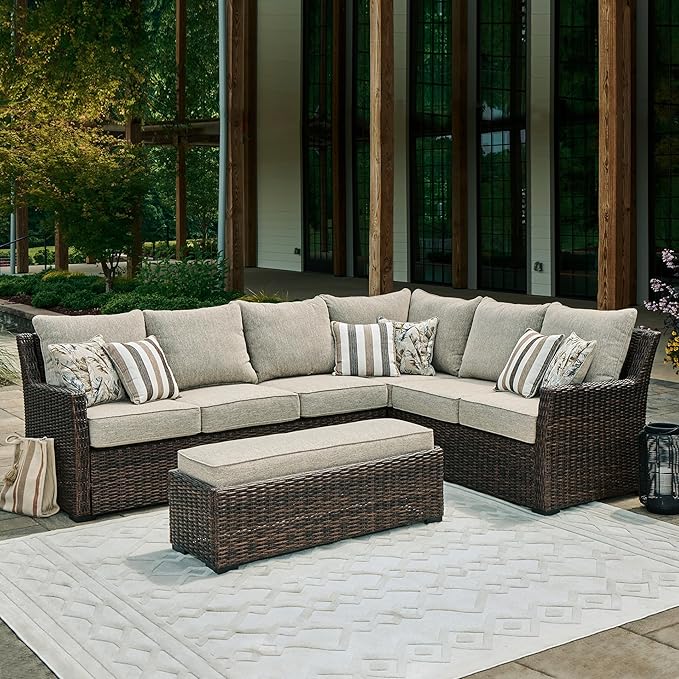 Signature Design by Ashley Brook Ranch Casual Nuvella Weather Resistant Fabric Right Hand Facing Outdoor Sofa Sectional/Bench with Cushion and 6 Throw Pillows, Set of 3, Beige & Dark Brown