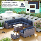 Kullavik 10 Pieces Outdoor Patio Furniture Set with 43" 55000BTU Gas Propane Fire Pit Table PE Wicker Rattan Sectional Sofa Patio Conversation Sets,Navy Blue