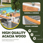 Devoko Dining 7 PCS Furniture, Patio Conversation Set with Acacia Wood Table Top, Outdoor, Beige Cushion and Grey Rattan