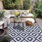SAND MINE Reversible Mats, Plastic Straw Rug, Modern Area Rug, Large Floor Mat and Rug for Outdoors, RV, Patio, Backyard, Deck, Picnic, Beach, Trailer, Camping, Dark Blue & White, 6' x 9'