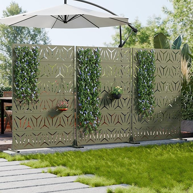 Casaphoria Metal Privacy Screen Outdoor, 72" H x 47" W Freestanding Decorative Privacy Screen for Patio Deck Balcony Garden with Stable Base, Green-Star