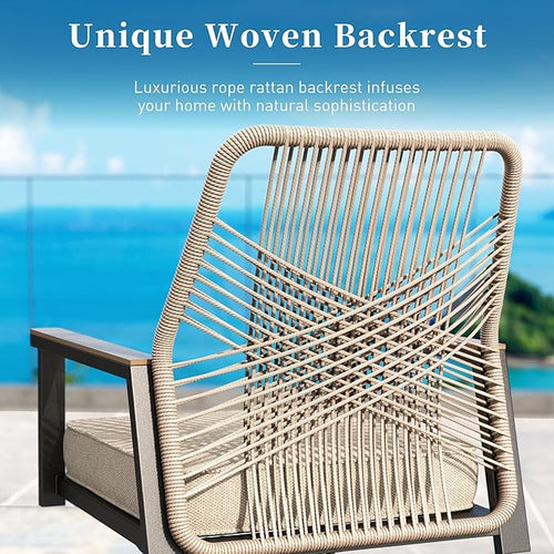 5 Pieces Patio Dining Set, 4 x Woven Rattan Chairs with Waterproof Cushion, 42” Metal Round Dining Table with Umbrella Hole, Outdoor Table and Chairs Set for Backyard Lawn and Deck, Beige
