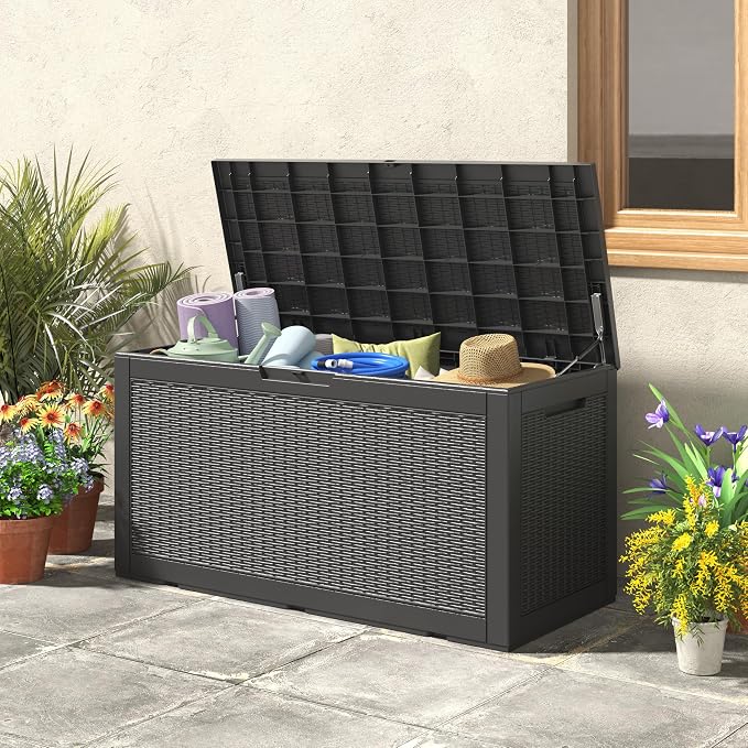 Outdoor Storage Deck Box, 102 Gallon Resin, Lockable Gas Lift Lid