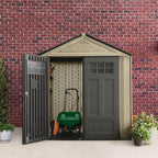 Rubbermaid Resin Outdoor Storage Shed With Floor (7 x 3.5 Ft) Weather Resistant, Brown Gable, Organization for Home/Backyard/Garden Tools/Lawn Mower/Bike Storage/Pool Supplies