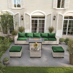 9-Piece Outdoor Patio Furniture Set with 55,000 BTU Fire Pit Table, PE Wicker Rattan Sectional Sofa Patio Conversation Set with Ottomans & Coffee Table, Green