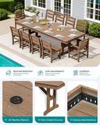 SERWALL 11 Piece Outdoor Dining Set, 84" HDPE Outdoor Table and Chairs for 10，All Weather Patio Furniture Set with Umbrella Hole for Backyard, Garden, Brown