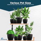 Black Plant Pots with Drainage Holes & Saucers 3 Pack, Indoor & Outdoor Stackable Space-Saving Planters for Houseplants & Flowers, (7", 6.7", and 6" Inches), Durable & Weatherproof Materials