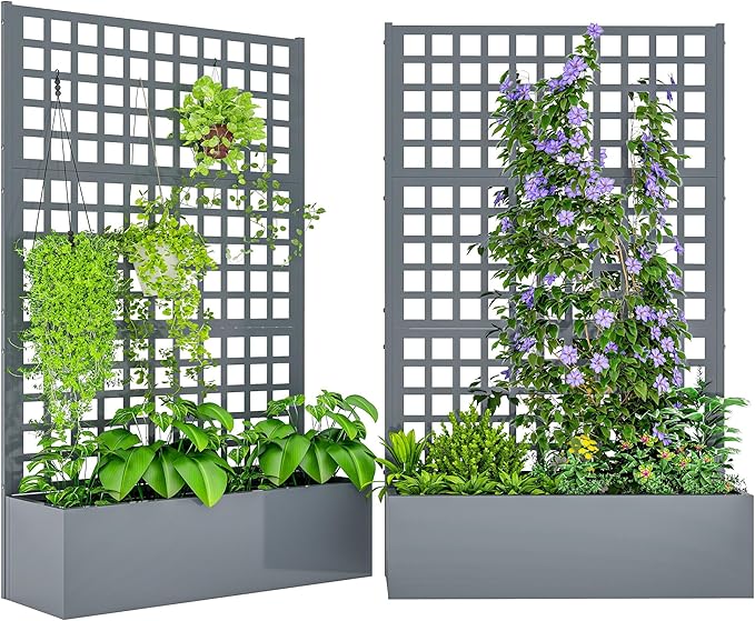 Outsunny Galvanized Raised Garden Bed with Trellis, Metal Planter Box with Drainage Holes, Outdoor Privacy Screen for Climbing Plants, Vegetable, Vines, 43" x 16" x 70", 2 Pack, Gray Wood Effect