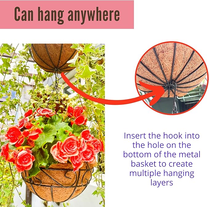 LaLaGreen Hanging Planter for Outdoor Plants (10 Inch, 6 Pack) Hanging Baskets with Coco Liner, Black Metal Wire Flower Basket Pots with Hook Hanger Balcony Porch Farmhouse Country Style Garden Decor