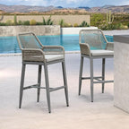 PURPLE LEAF Outdoor 29" Wicker Bar Stools Set of 2, Boho Patio Bar Height Chair with Cushion and Back for Outdoor and Indoor, Garden, Patio, Light Grey