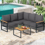 Metal Patio Furniture Set, 6 Pieces Outdoor Sectional Sofa Set with Side Table, L Shape Patio Conversation Set with Faux-Wood Tabletop, Outdoor Couch for Balcony, Porch, Backyard, Grey